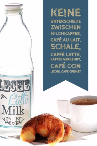 Milchkaffee wird international auch Café au Lait, Schale, Caffè Latte, Kaffee verkehrt, Café con leche, Café Crème genannt